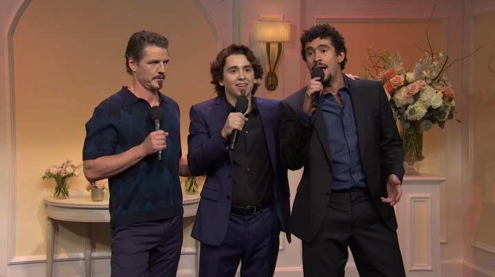 Pedro Pascal, Marcello Hernandez, and Bad Bunny on SNL50 Domingo Skit