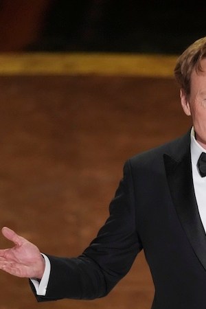 Host Conan O'Brien speaks during the Oscars on Sunday, March 2, 2025, at the Dolby Theatre in Los Angeles. (AP Photo/Chris Pizzello)