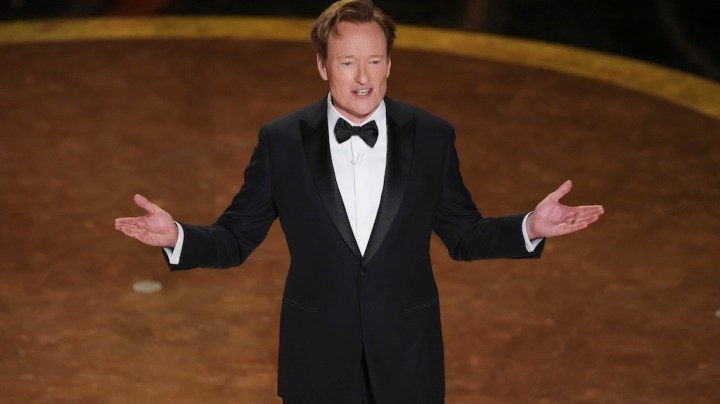 Host Conan O'Brien speaks during the Oscars on Sunday, March 2, 2025, at the Dolby Theatre in Los Angeles. (AP Photo/Chris Pizzello)