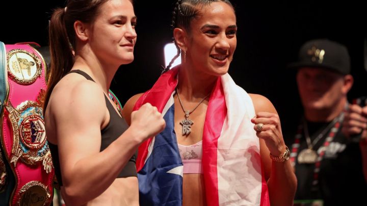 DALLAS, TEXAS - NOVEMBER 14: (L-R) Katie Taylor and Amanda Serrano attend the weigh-in for LIVE on Netflix: Jake Paul vs. Mike Tyson at the Toyota Music Factory on November 14, 2024 in Dallas, Texas. (Photo by Brett Carlsen/Getty Images for Netflix © 2024)