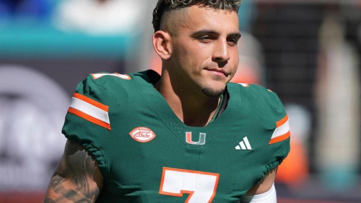 Miami wide receiver Xavier Restrepo (7) is introduced on Senior Day before an NCAA college football game against Wake Forest, Saturday, Nov. 23, 2024, in Miami Gardens, Fla. (AP Photo/Lynne Sladky)