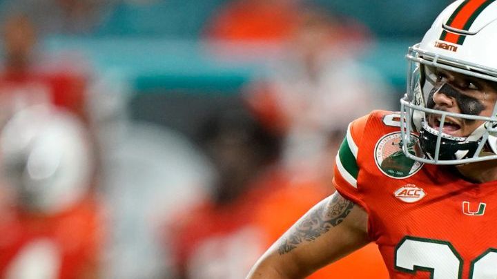 Miami place kicker Andres Borregales (30) watches after attempting a field goal during the closing seconds of an NCAA college football game against Virginia, Thursday, Sept. 30, 2021, in Miami Gardens, Fla. Borregales missed the field goal and Virginia won 30-28. (AP Photo/Lynne Sladky)