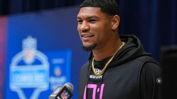 Miami tight end Elijah Arroyo speaks during a press conference at the NFL football scouting combine in Indianapolis, Thursday, Feb. 27, 2025. (AP Photo/Michael Conroy)