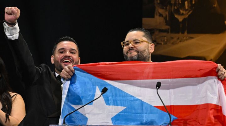 CHICAGO, ILLINOIS - JUNE 16: (L-R) Stephen Alonso and Edrick Colon winners of the Best New Bar award speak on stage during the 2025 James Beard Restaurant and Chef Awards on June 16, 2025 in Chicago, Illinois. (Photo by Daniel Boczarski/Getty Images for James Beard Foundation)