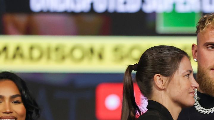 NEW YORK, NEW YORK - APRIL 09: (L-R) Katie Taylor, Jake Paul and Amanda Serrano attend the Katie Taylor vs. Amanda Serrano Press Conference at The Theater at Madison Square Garden on April 09, 2025 in New York City. (Photo by Sarah Stier/Getty Images for Netflix)