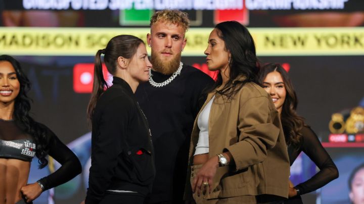 NEW YORK, NEW YORK - APRIL 09: (L-R) Katie Taylor, Jake Paul and Amanda Serrano attend the Katie Taylor vs. Amanda Serrano Press Conference at The Theater at Madison Square Garden on April 09, 2025 in New York City. (Photo by Sarah Stier/Getty Images for Netflix)