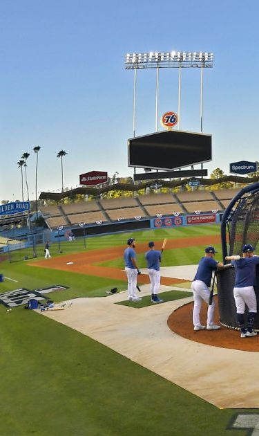 Members of the Los Angeles Dodgers practice for Game 1 of the NLDS baseball game against the Washington Nationals Wednesday, Oct. 2, 2019, in Los Angeles. (AP Photo/Mark J. Terrill)