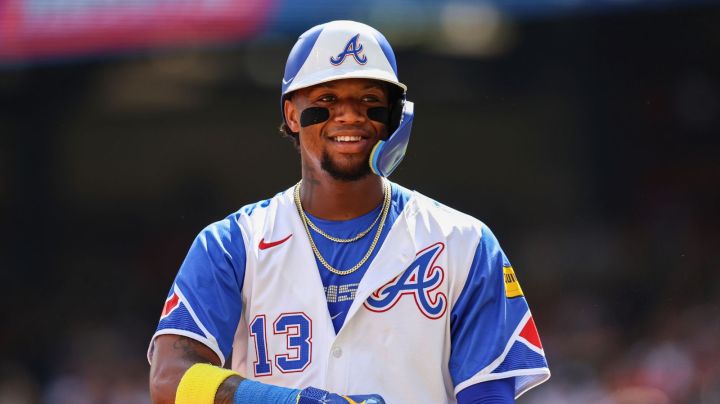 Atlanta Braves' Ronald Acuña Jr. reacts during the first inning of a baseball game against the Colorado Rockies, Saturday, June 14, 2025, in Atlanta. (AP Photo/Colin Hubbard)