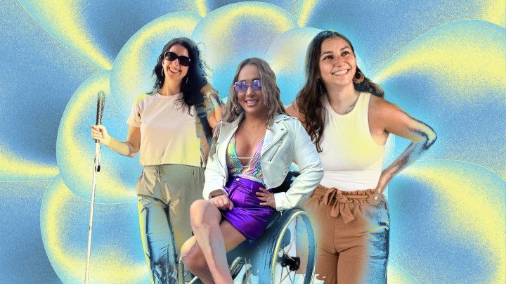 A collage of 3 disabled Latine creators standing in front of a blue and green retro background. Pictured from left to right are Catarina Rivera, Tamara Mena, and Stacey Marlene Valle