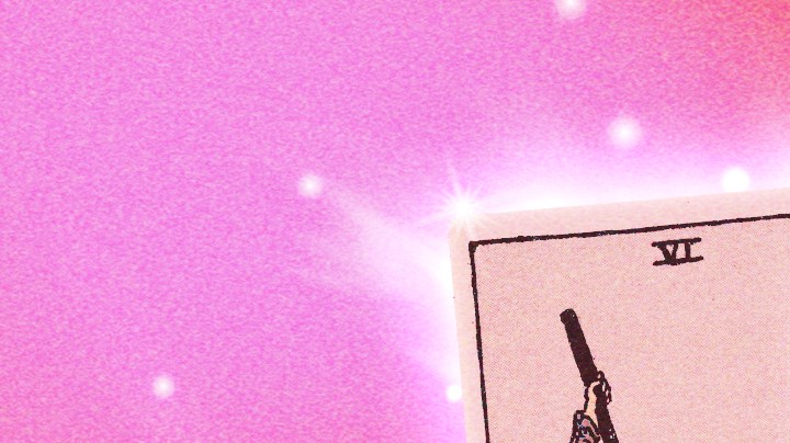 three tarot card together on a pink and red background for August tarot reading