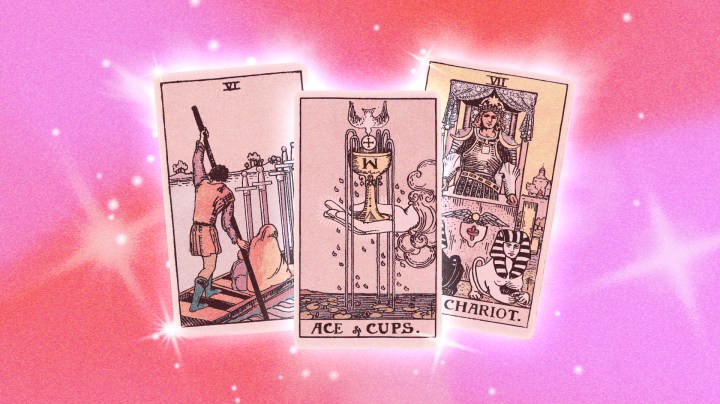 three tarot card together on a pink and red background for August tarot reading