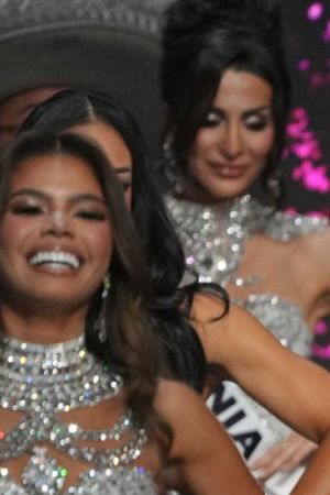 Miss Puerto Rico Jennifer Colón, center, competes during the final round of the 73rd Miss Universe Beauty Pageant in Mexico City, Saturday, Nov. 16, 2024. (AP Photo/Fernando Llano)