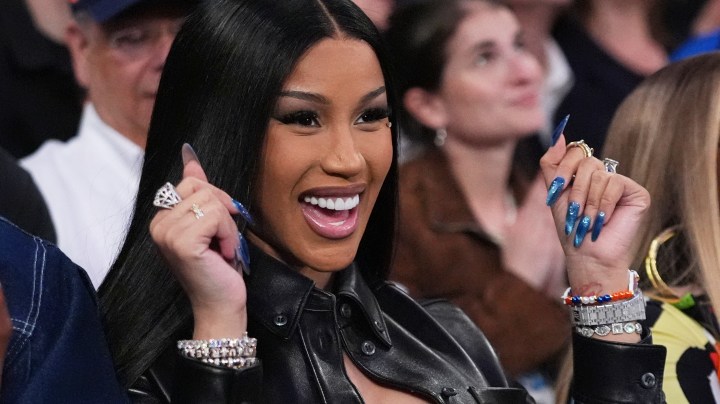 Cardi B poses during the second half of Game 4 in the Eastern Conference semifinals of the NBA basketball playoffs between the New York Knicks and the Boston Celtics Monday, May 12, 2025, in New York. (AP Photo/Frank Franklin II)