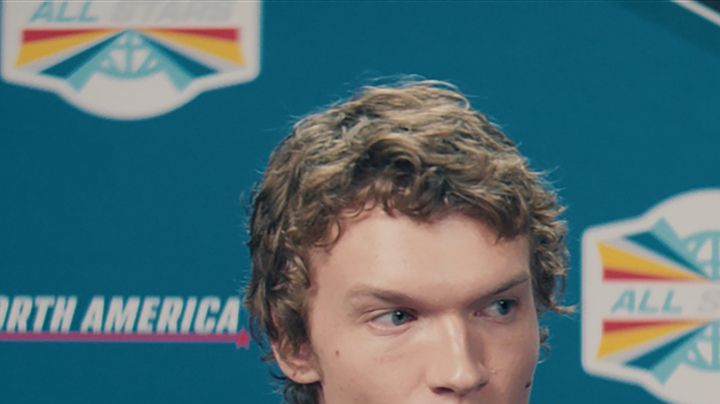 Connor Storrie and Hudson Williams in Heated Rivalry Season 1 Episode 1